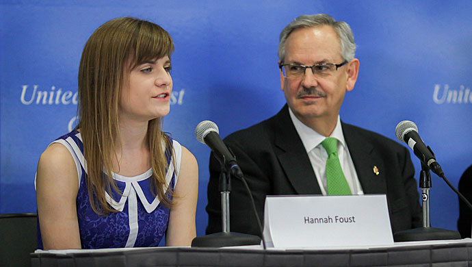 Hannah Foust, a 14-year-old from Carmel, Ind., shares her passion for providing safe, accessible water to communities in Africa at a press conference at the United Methodist 2016 General Conference in Portland, Ore. On her left is Dakotas-Minnesota Area Bishop Bruce R. Ough. Photo by Maile Bradfield, United Methodist Communications.