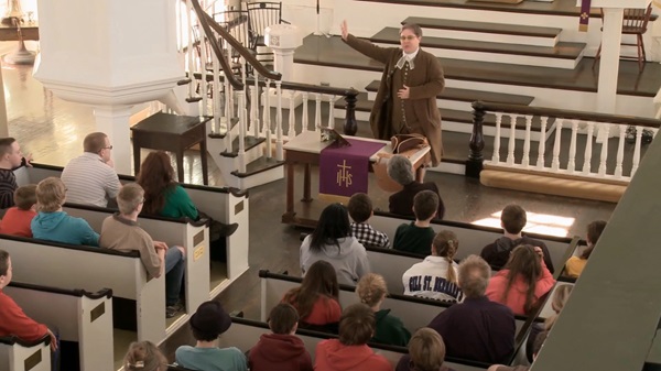 historic-st-georges-time-traveler-preacher Historic St. George’s United Methodist Church has been called one of the sites all United Methodists should see because it has been a Methodist house of worship continually since 1769. Video image by Jess Warnock, courtesy of United Methodist Communications.