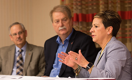 (l-r) Outgoing COB President Bishop Bruce Ough, incoming COB President Bishop Ken Carter and COB President-designate Bishop Cynthia Harvey address a press conference at the end of the Council of Bishops meeting on May 4, 2018.  Photo by Mike DuBose, UMNS.