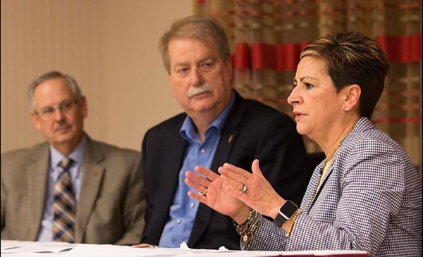 cob-spring-press-conference-2018-ough-carter-harvey-690jpg-690x421 Bishop Cynthia F. Harvey (right) answers questions during a press conference about the United Methodist Church's Way Forward plan to address how the denomination ministers with LGBTQ individuals. She is flanked by Bishops Bruce R. Ough (left) and Kenneth H. Carter. Photo by Mike DuBose, UMNS.