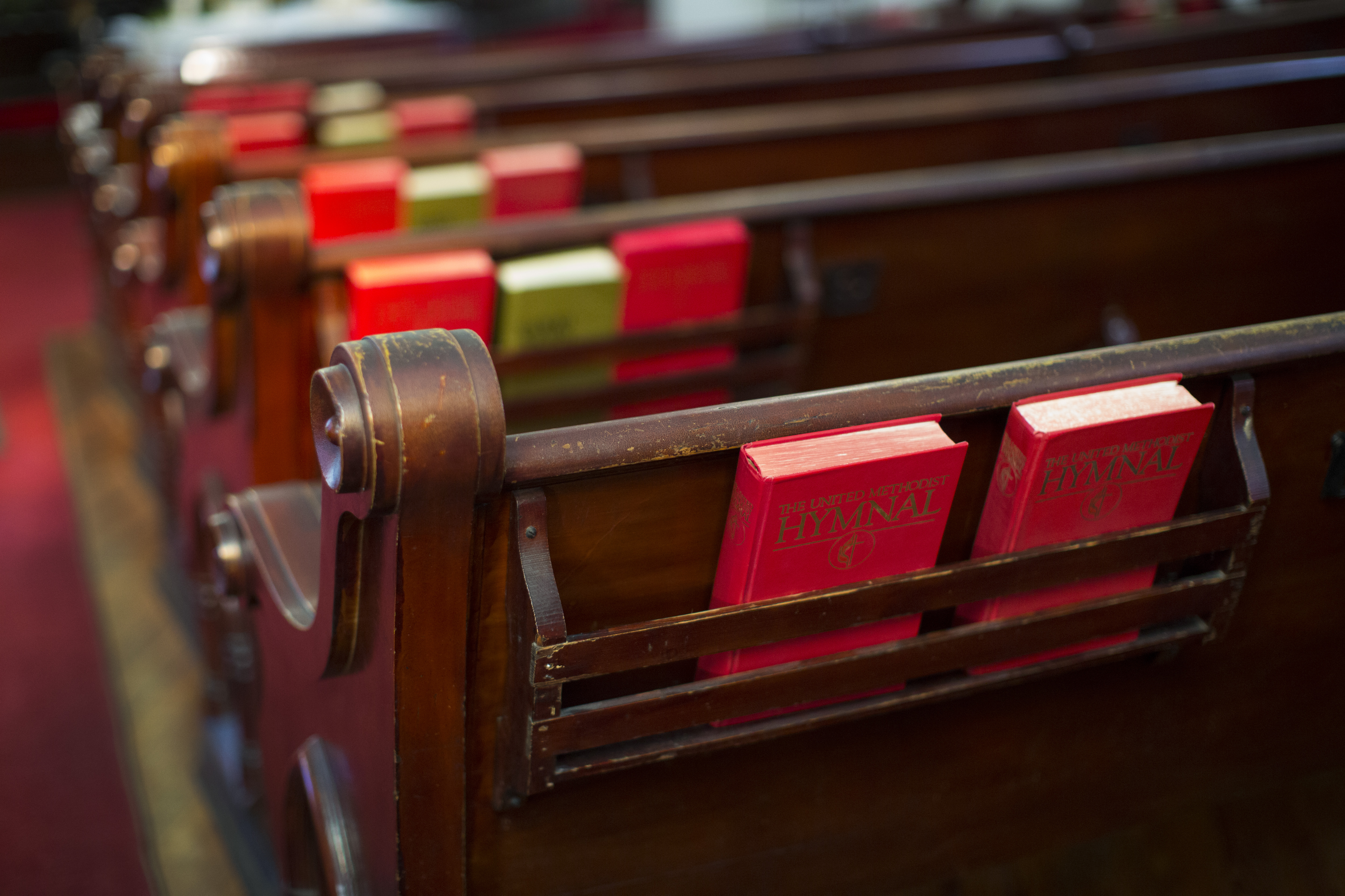 Pews and hymnals photographed inside Monroe Street United Methodist Church in historic Germantown, Nashville, Tenn. Photo by Kathleen Barry, United Methodist Communications