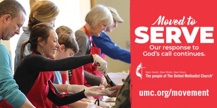 people serving food with the words Moved To Serve