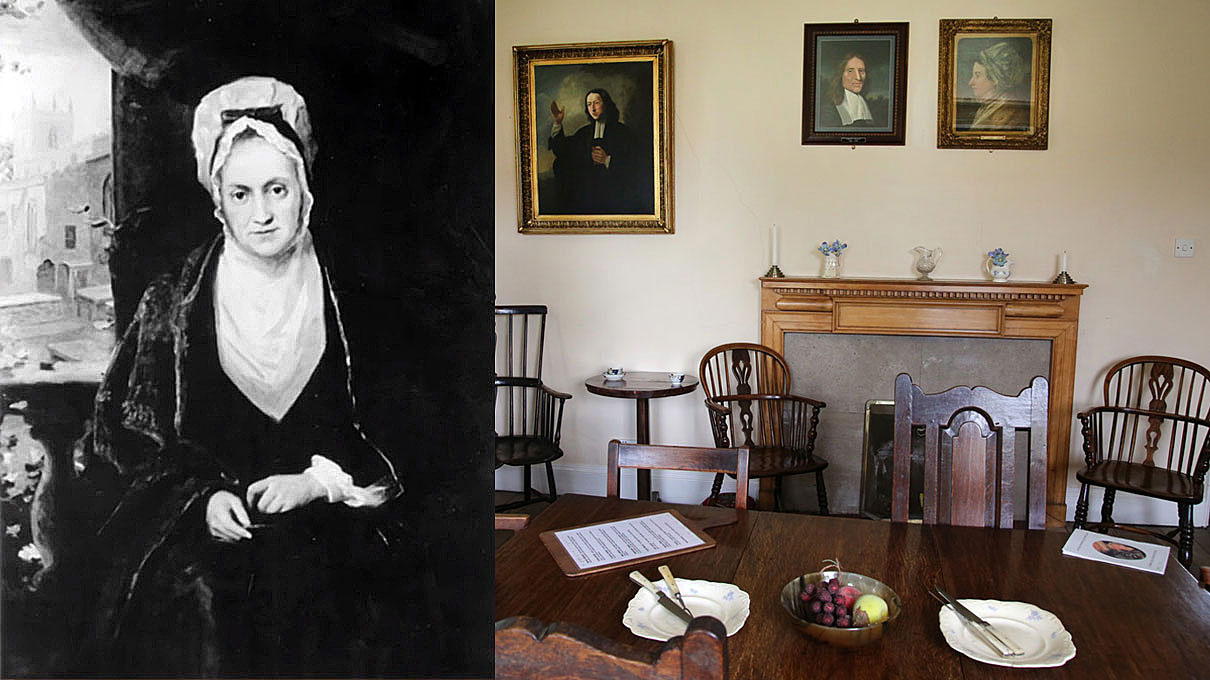 An image of Susanna Wesley is placed next to a scene from the dining room of the Old Rectory in Epworth, England where Samuel and Susanna Wesley brought up their family. Image courtesy of United Methodist General Commission on Archives and History. Photo of dining room by Kathleen Barry, United Methodist Communications