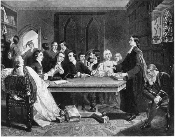 An image of the Wesleys' "Holy Club" meeting at Oxford, based on a 19th century lithograph. Used with permission from the Methodist Collection of Drew University.