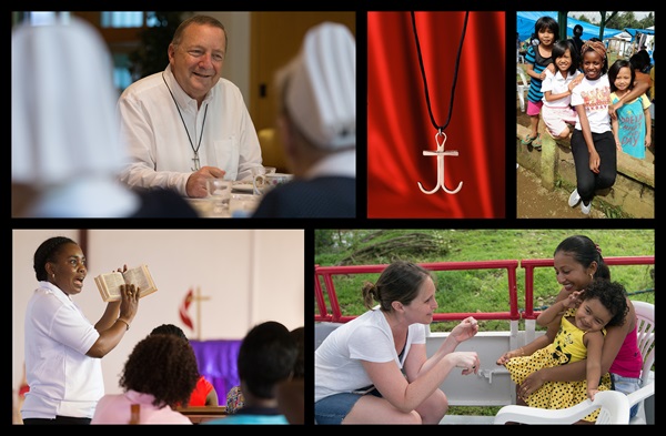 United Methodist missionaries serve in more than 65 countries around the world, including, clockwise from upper left: the Rev. George Miller, Germany, 2017; Miracle Osman, Philippines, 2018; Emily Everett, Brazil, 2018; and Francine Mpanga Mufuk, Côte d'Ivoire, 2018. File photos by UMNS and Global Ministries.