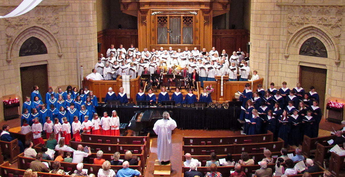 The choirs of Hennepin Avenue United Methodist Church in Minneapolis sing during a Sunday service. Photo courtesy of Hennepin Avenue United Methodist Church.