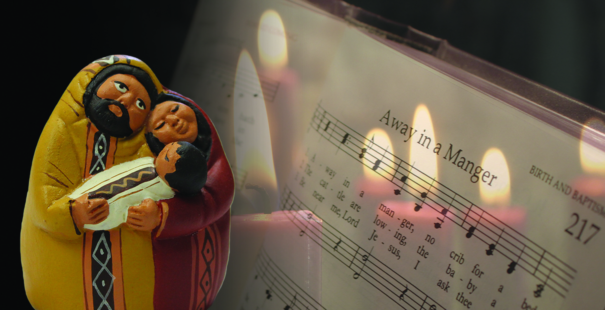 Nativity set and sheet music for "Away in a Manger" are part of a photo illustration by Kathryn Price, United Methodist Communications.