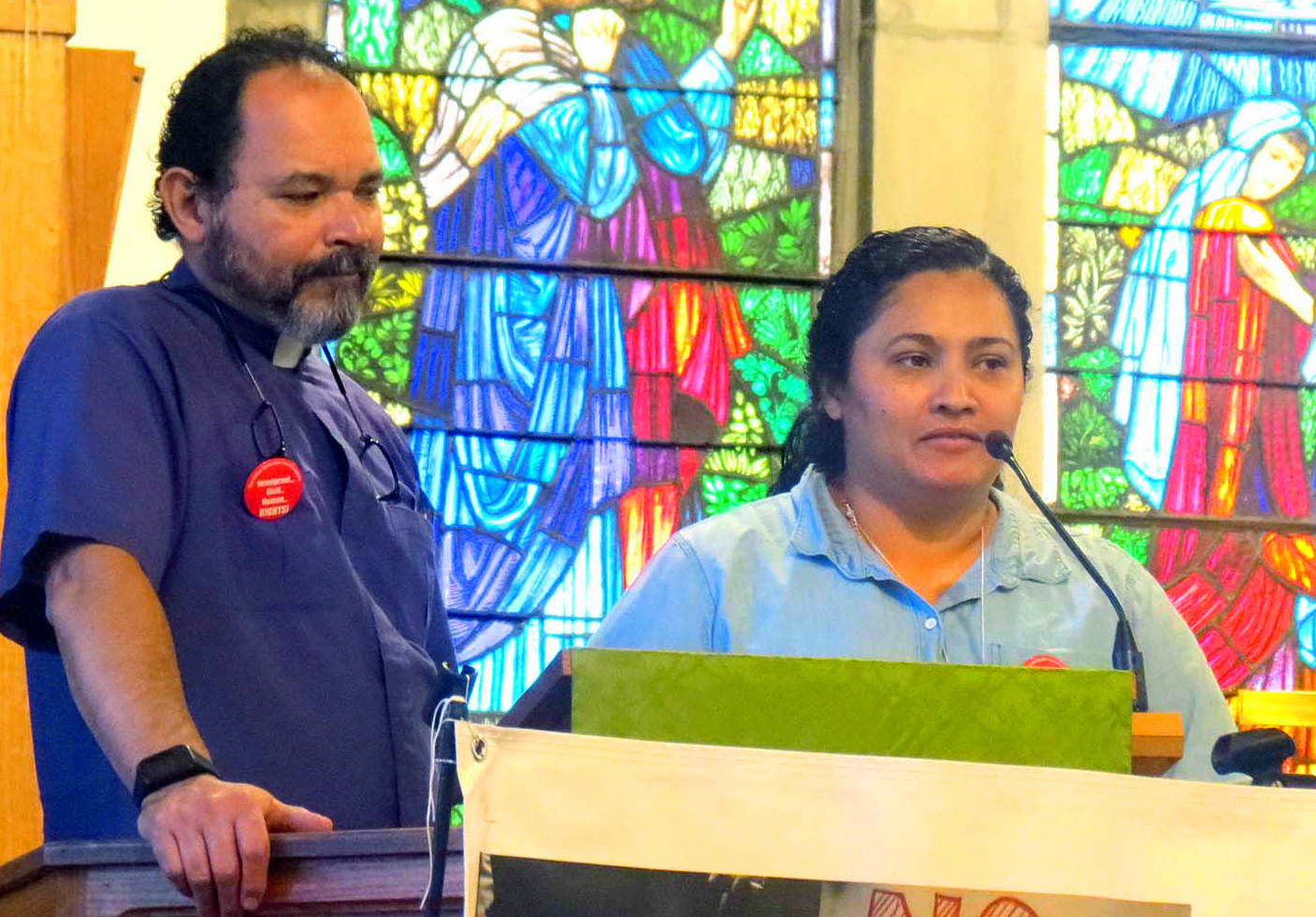 Maria Larios shares the story of her journey from Honduras to the United States some twenty-five years ago – with the help of translator, Rev. Enrique Lebron – during the New York Conference's Immigration Vigil and Forum. Larios, who has gained her U.S. citizenship, now assists with the Hispanic ministries at the Hicksville United Methodist Church. 