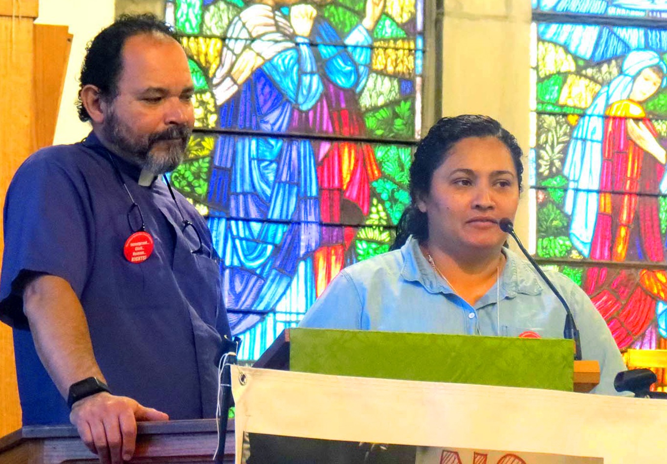 Maria Larios shares the story of her journey from Honduras to the United States some twenty-five years ago – with the help of translator, Rev. Enrique Lebron – during the New York Conference's Immigration Vigil and Forum. Larios, who has gained her U.S. citizenship, now assists with the Hispanic ministries at the Hicksville United Methodist Church. 
