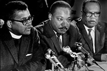 The Rev. James Lawson (left) joins Martin Luther King and Ralph Jackson at a March 1968 press conference. Photo used with permission from the SCLC of California.