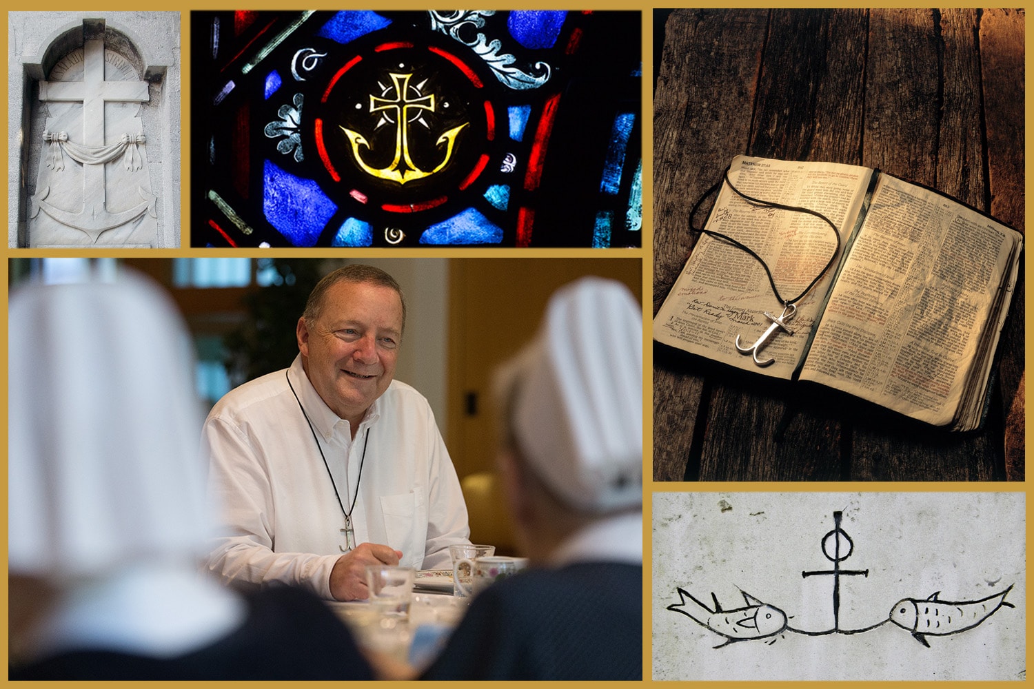 Clockwise from top left: Detail from Butyka Mausoleum by Globetrotter19, courtesy of Wikimedia Commons; stained glass window by Kathleen Barry, UM News; Bible and cross by Mike DuBose, UMNS; detail of aanchor and two fish courtesy of Catacombe Domitilla; the Rev. George Miller by Mike DuBose, UM News.