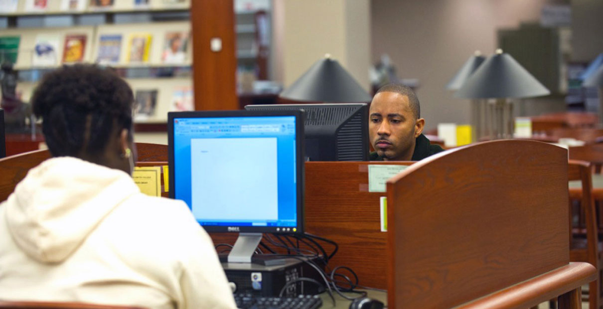 Students work on computers in the library at Philander Smith College in Little Rock, Ark. File photo courtesy of Philander Smith College.