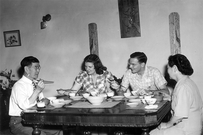J-3s” learn how to use chopsticks, 1948. Cultural training in small-group settings, first class of young adult Japan three-year missionaries.