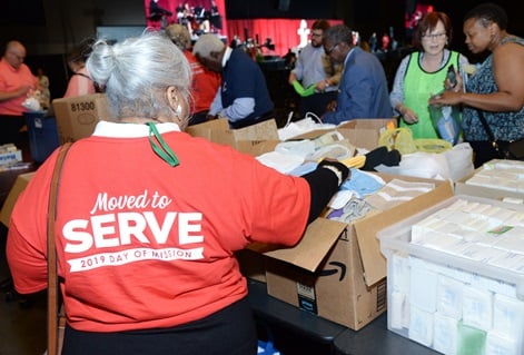 This year’s mission service was unique in that in addition to having Bishop Swanson deliver the message, he also gave a call to action for everyone to help grab the materials they dropped off at conference earlier in the week to assemble health kits for Mississippi disaster response ministries. The goal was to complete 10,000 kits. The final count of health kits reached approximately 15,000. 