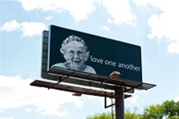 A billboard features 95-year-old United Methodist Shirley Bachelder. Image courtesy of Shirley Bachelder.