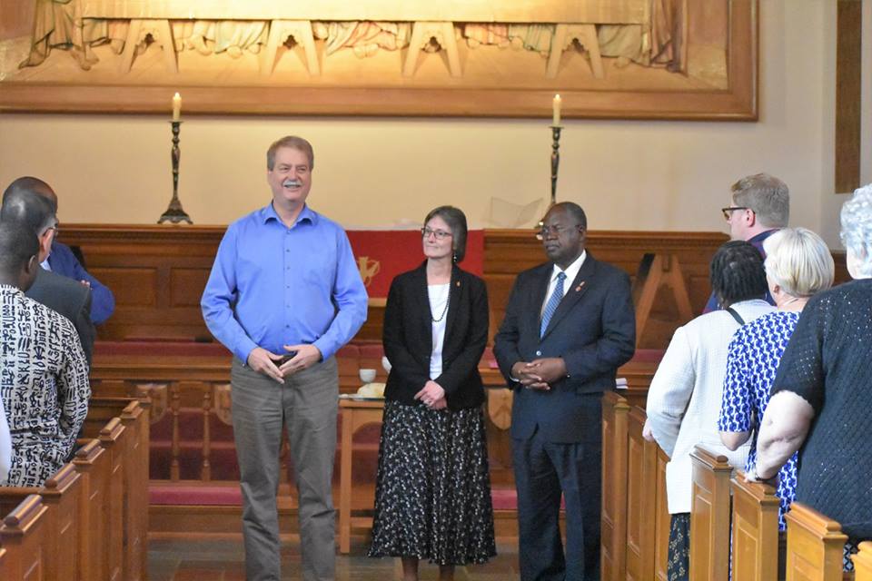 (l-r) Bishops Ken Carter, Sandra Steiner Ball and David Yemba, Commission on a Way Forward moderators, preside over final meeting. Photo by Maidstone Mulenga.