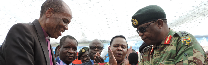 United Methodist Church Zimbabwe Area Bishop Eben Nhiwatiwa (left) meets with then Commander of the Zimbabwean Army Gen. Constantino Chiwenga (right) in 2016. Chiwenga is now one of the vice presidents in Zimbabwean government.