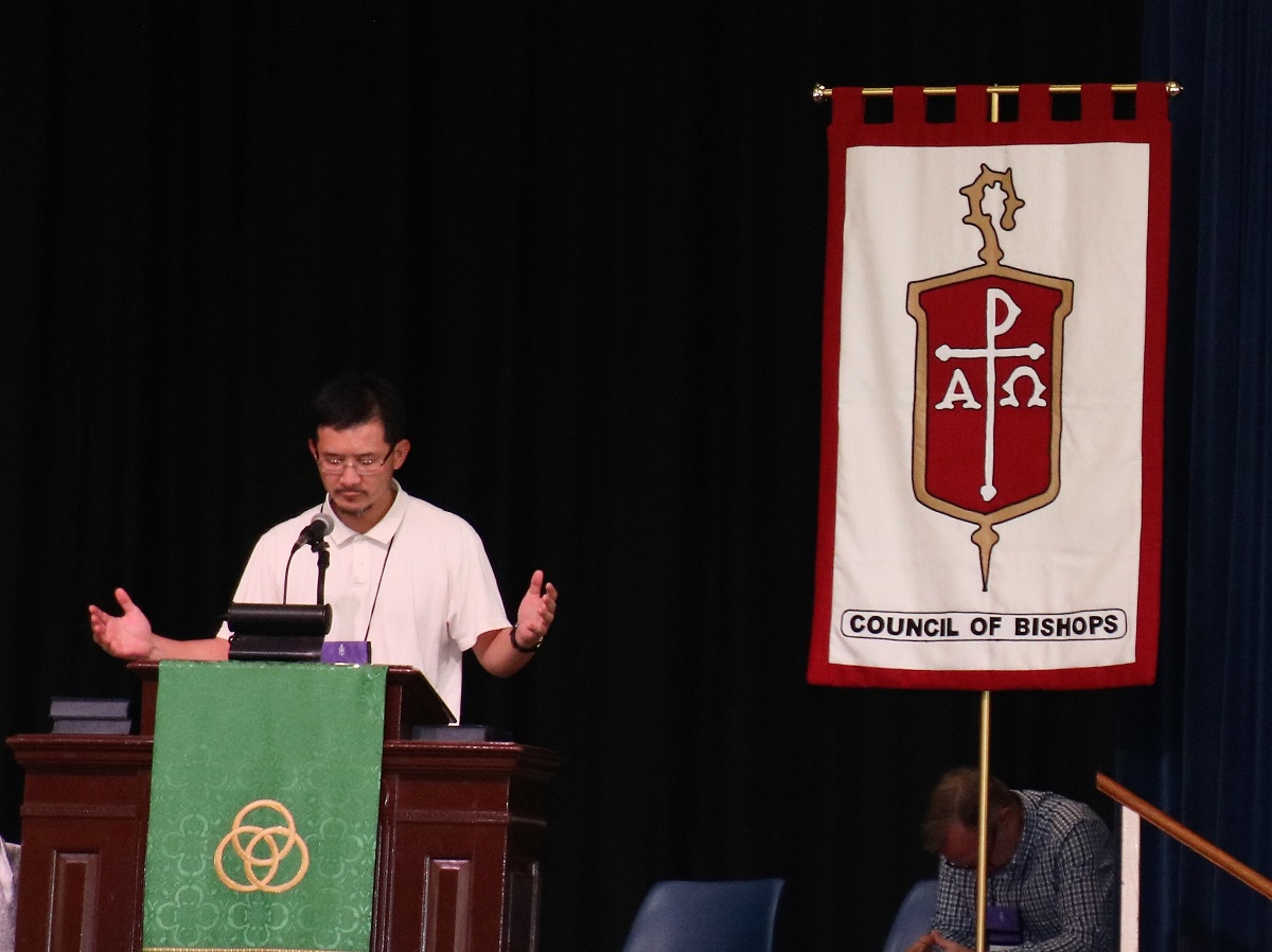 Bishop Eduard Khegay leads fellow bishops in prayer at the close of the Council of Bishops meeting at Epworth By the Sea on St. Simons Island, Georgia. Photo by Maidstone Mulenga.