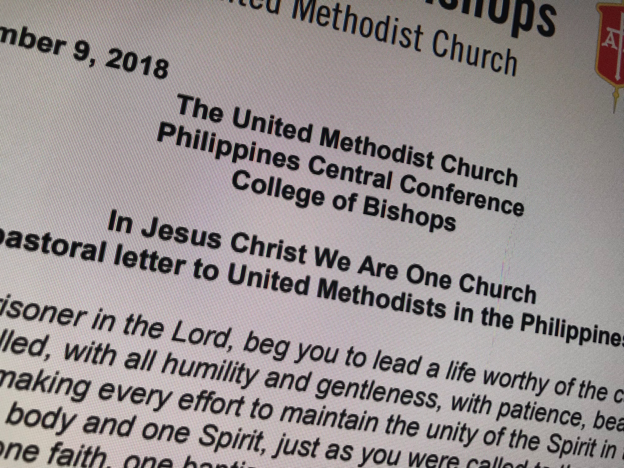 The Philippines Central Conference College of Bishops' statement. Photo courtesy United Methodist Communications.