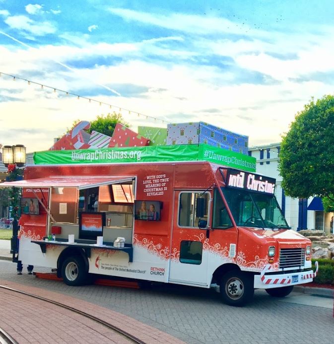 The United Methodist Church readies for The True Meaning of Christmas Tour featuring 11 gift-wrapped truck visits and 21 hot cocoa fellowship events across the nation. Photo courtesy United Methodist Communications.