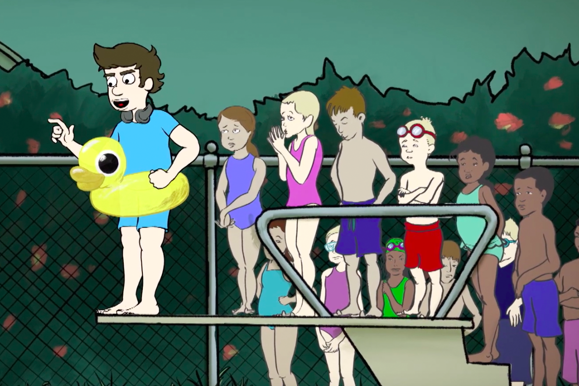 An animated feature has John Wesley in a pool to talk about baptism. Illustration courtesy of United Methodist Communications.