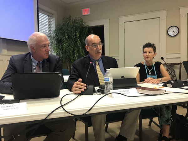 The Commission on the General Conference met August 7-9, 2019 in Lexington, Ky. Pictured are Bishop Thomas Bickerton, the Rev. Gary George, Commission secretary, and Kim Simpson, Commission chair.