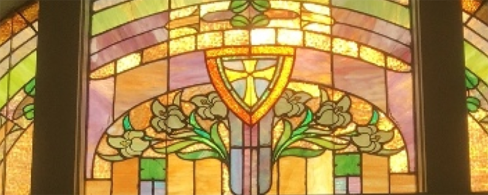 Anadarko First United Methodist Church's stained glass window in their sanctuary.