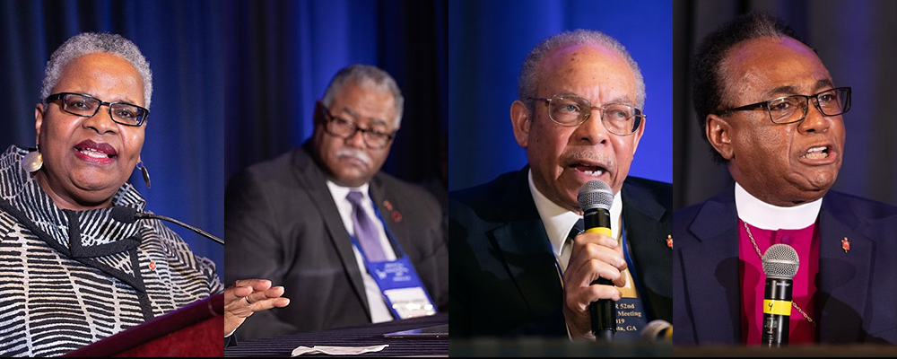 Bishops LaTrelle Easterling, Julius C. Trimble, Johnathan D. Keaton and James R. King sit on a panel to discuss issues that happened at GC2019.
