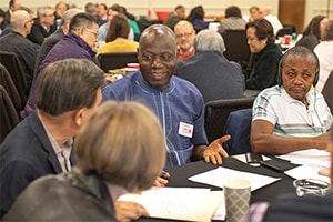 Mike Dio Jen, West Africa Central Conference, shares conversation about stewardship of resources during the Connectional Table meeting held at Discipleship Ministries in Nashville, Tenn., April 3.