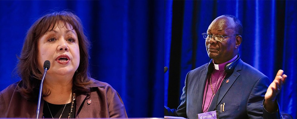 (l-r) Bishop Minerva Carcaño speaks to her fellow episcopal leaders about the work of the Immigration Task Force during the Council of Bishops meeting near Chicago and Bishop Gabriel Yemba Unda speaks to his fellow episcopal leaders about the history that has drawn refugees to the Democrat Republic of Congo.