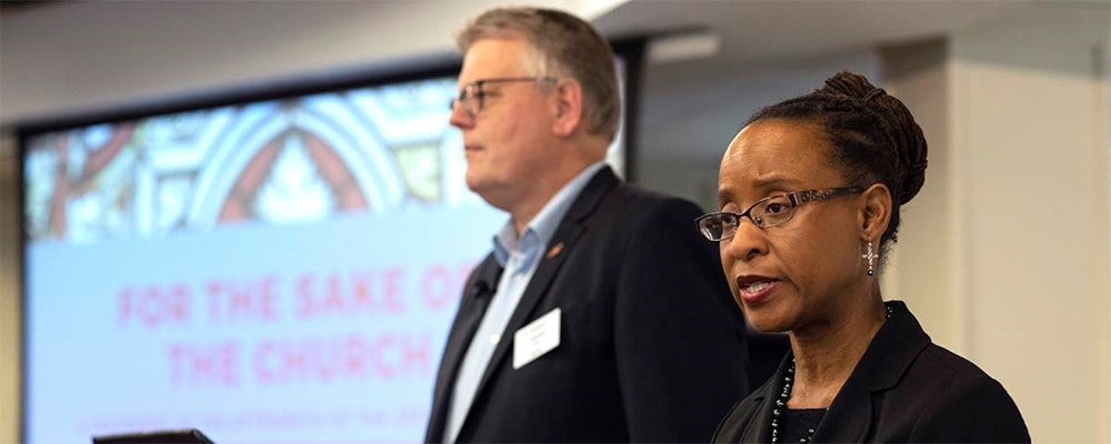 Bishop Christian Alsted and The Rev. Kennetha Bigham-Tsai direct the Connectional Table’s discussion about the special session of General Conference, held at Discipleship Ministries in Nashville, Tenn., April 3.