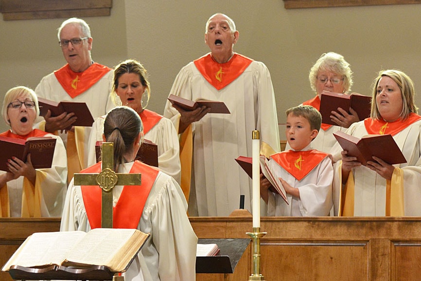 The Celebration Choir of the Poteau First United Methodist Church, which includes nine-year-old Warrick Quarry, sings at a recent worship service. Photo courtesy of Kaycee Quarry.