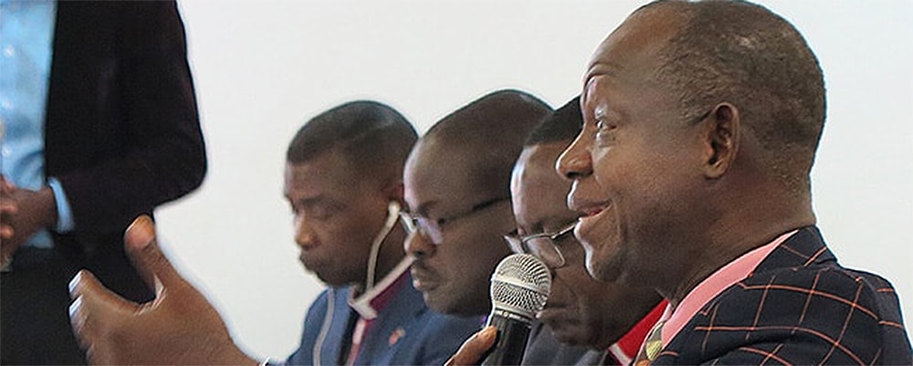 Bishop John K. Yambasu of Sierra Leone addresses a meeting of the Africa College of Bishops in Mutare, Zimbabwe. The bishops said the church would continue in Africa after General Conference 2020. Photo by Tim Tanton, UM News.