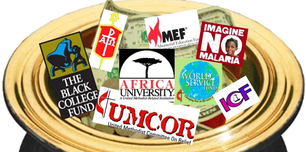 Image of plate with ministries and money inside. Photo credit: Central Texas Annual Conference website.