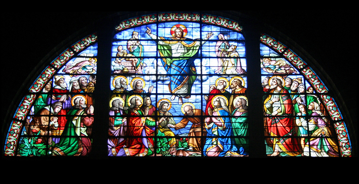 Jesus' ascension has been celebrated by Christians through the centuries. Stained glass by Francois Denis, photo by Crochet.david, via Wikimedia Commons.