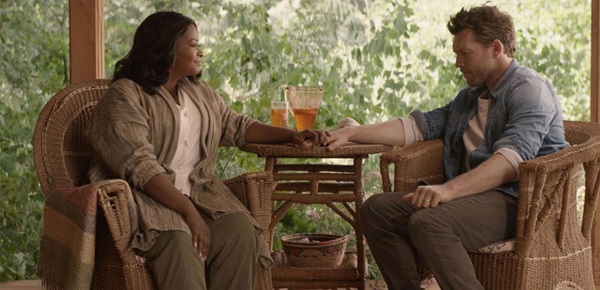 God (left) comforts grief-stricken Mack as he tries to recover from a family tragedy in this scene from "The Shack." Photo courtesy of Summit Entertainment.