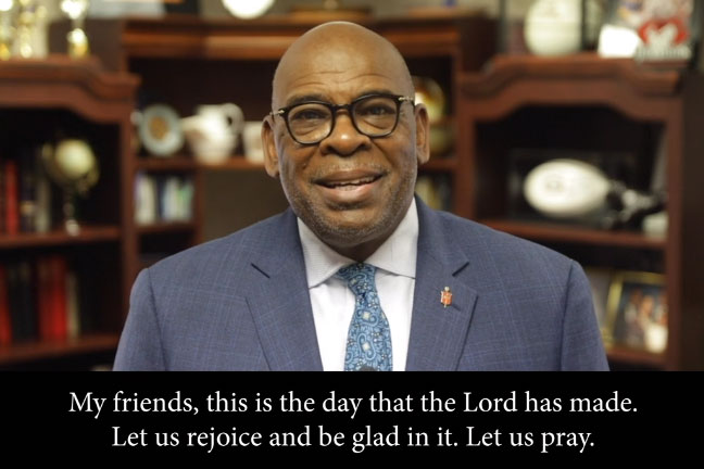 Bishop L. Jonathan Holston of the South Carolina Conference welcomes visitors to a recent prayer video. Screenshot of video by the South Carolina Conference of The United Methodist Church.