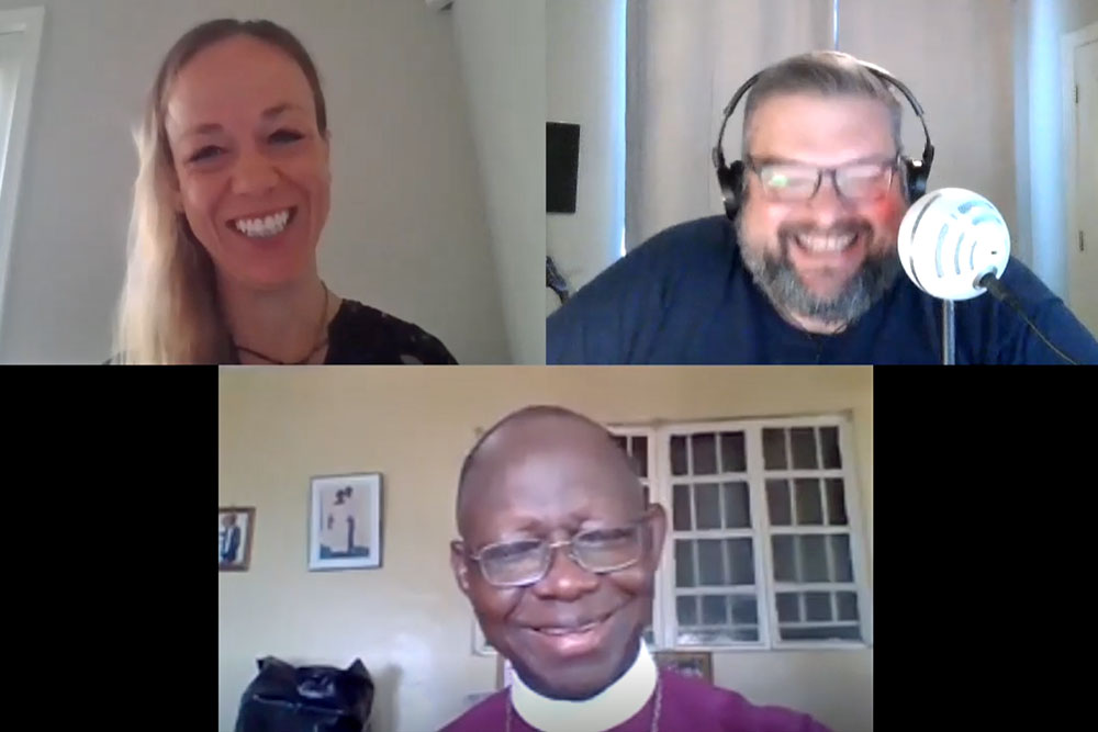 Bishop John Yambasu, Megan Klingler and Joe Iovino converse via conference call for an episode of Get Your Spirit in Shape podcast. Screen shot of conference call by United Methodist Communications.