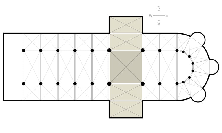 A transept (with two semi-transepts) is a transverse part of any building, which lies across the main body of the edifice. In churches, a transept is an area set crosswise to the nave in a cruciform ("cross-shaped") building within the Romanesque and Gothic Christian church architectural traditions. Definition courtesy of Wikipedia Commons; diagram by Lusitana, courtesy of Wikimedia Commons. 