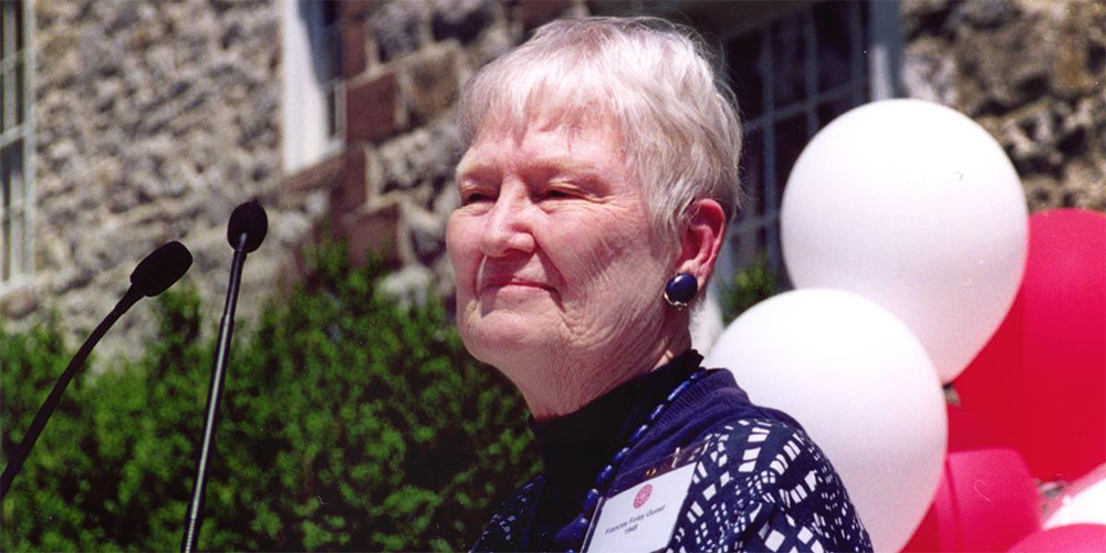 The Rev. Frances Helen Foley Guest speaks at Dickinson College in Carlisle, Pa., after receiving a distinguished alumni award in June 2002. The three and a half years she spent in a Japanese prison camp with her missionary parents helped shape her ministry. 