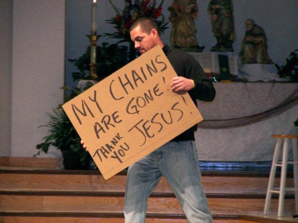 More than a dozen former alcoholics and addicts carried signs telling how it felt to be in recovery during a presentation at the 2012 Oklahoma Annual Conference meeting in Tulsa.