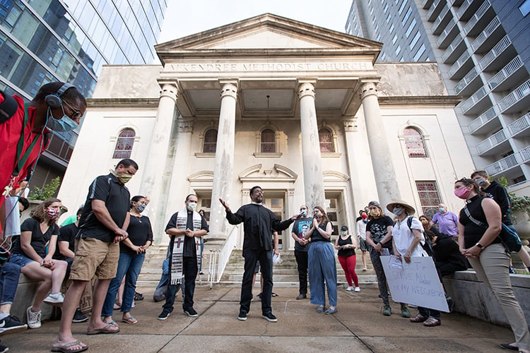 Clergy members lead a prayer during a June 4, 2020, vigil at McKendree United Methodist Church in Nashville, Tenn., to grieve and remember people lost to acts of racism. Photo by Mike DuBose, UM News.