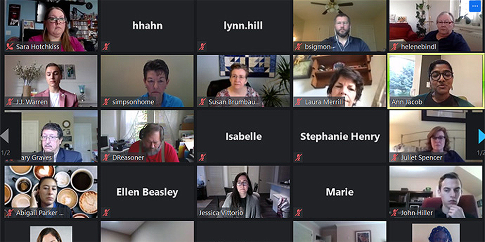 General Conference organizers and staff members meet by Zoom with General Conference delegates Ann Jacob, Jessica Vittorio and J.J. Warren to hear concerns about what the then-proposed dates mean for young adults. Screenshot of Zoom meeting by UM News.
