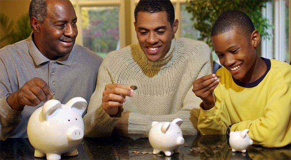 3 generational family teaching about giving. Stock Photo.