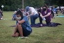 Maya Cunningham (front), age 16, and others  kneel in silence for 8 minutes in honor of George Floyd during "A Prayer Service To Stand Against Racism" held June 5, 2020 at Belle Meade United Methodist Church in Nashville, Tenn. The ecumenical service invited area churches to participate. Cunningham is from First United Pentecostal in Nashville. Photo by Kathleen Barry, UM News.