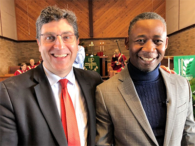 The Revs Dean Prentiss (left) and Banza Mukalay lead worship at Wesley Park UMC. An English-speaking service on Sunday morning; a Swahili-speaking service Sunday afternoon. ~ Photo courtesy Dean Prentiss