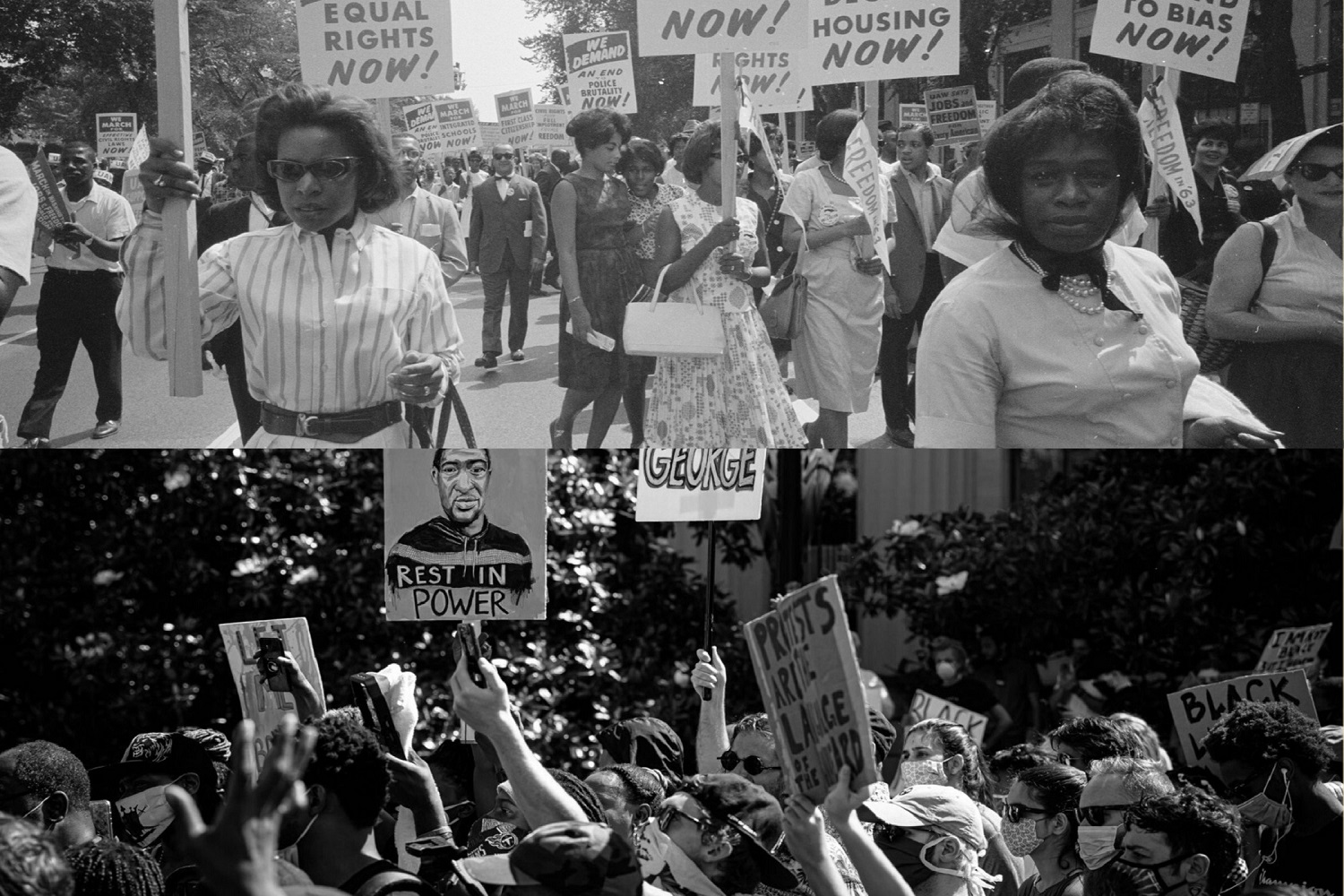 Racial justice: then and now. (Top) March on Washington for Jobs and Freedom in Washington, D.C. on August 28, 1963; photo from Library of Congress. (Bottom) I Will Breathe March on June 4, 2020, in Nashville, Tenn.; photo by Chanitra Dreher Photography. Photo illustration by Crystal Caviness, United Methodist Communications