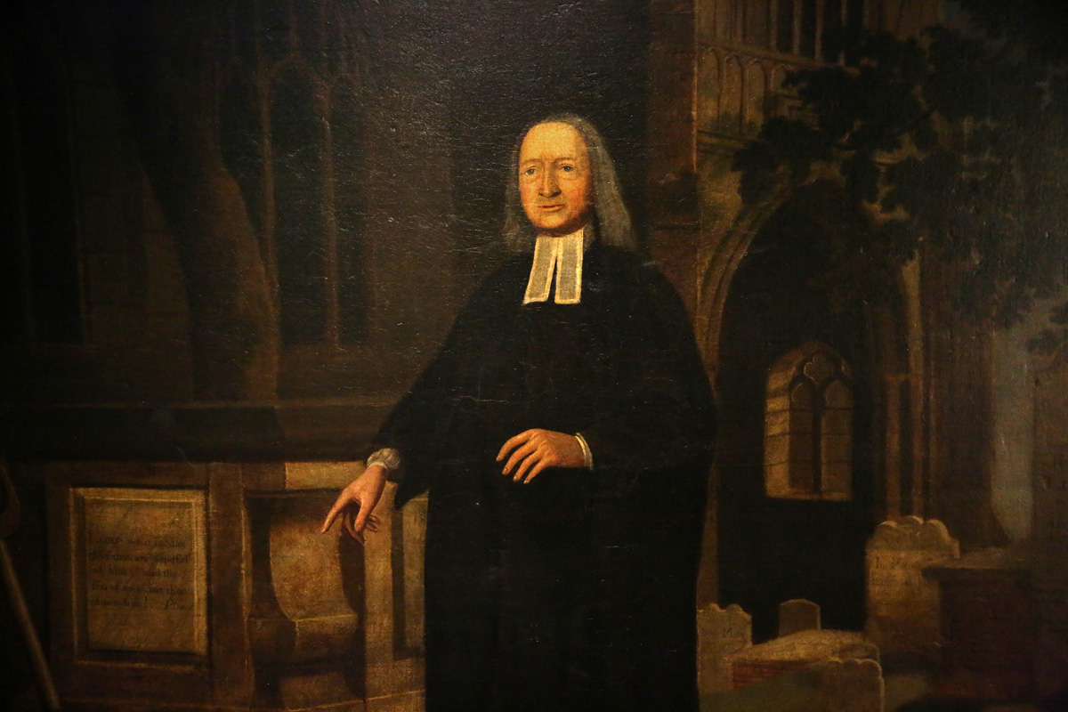 A portrait of John Wesley standing in a graveyard is on display at the Museum of Methodism located beneath Wesley's Chapel in London. Photo by Kathleen Barry, United Methodist Communications.