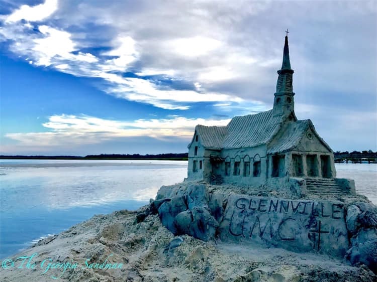 The sand replica of Glennville United Methodist Church remained standing after a strong storm. Photo courtesy of Dylan Mulligan.