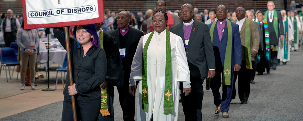 Bishops process into worship on Feb. 24, 2019, at the special General Conference of The United Methodist Church, held in St. Louis. Bishops and other church leaders are looking at options to prevent bishops’ funding from going into the red. File photo by Paul Jeffrey for UM News.
